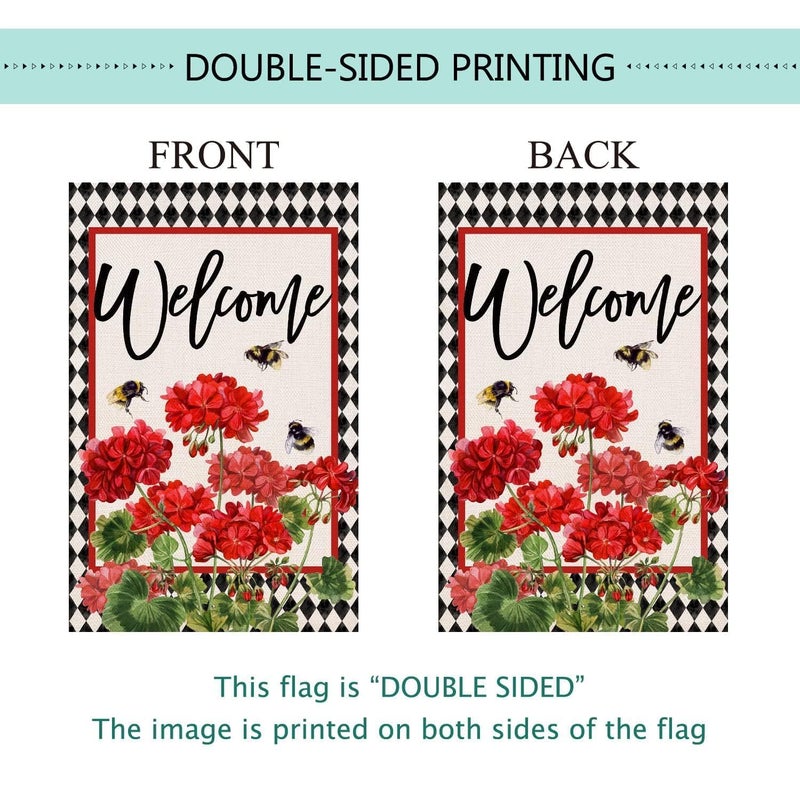 Baccessor Spring Summer Geranium Welcome Garden Flag Double Sided Summer Bee Red Floral Buffalo Plaid Small Burlap Yard Flag House Seasonal Farmhouse Outside Outdoor Decoration 12.5 x 18 Inch - Image 5