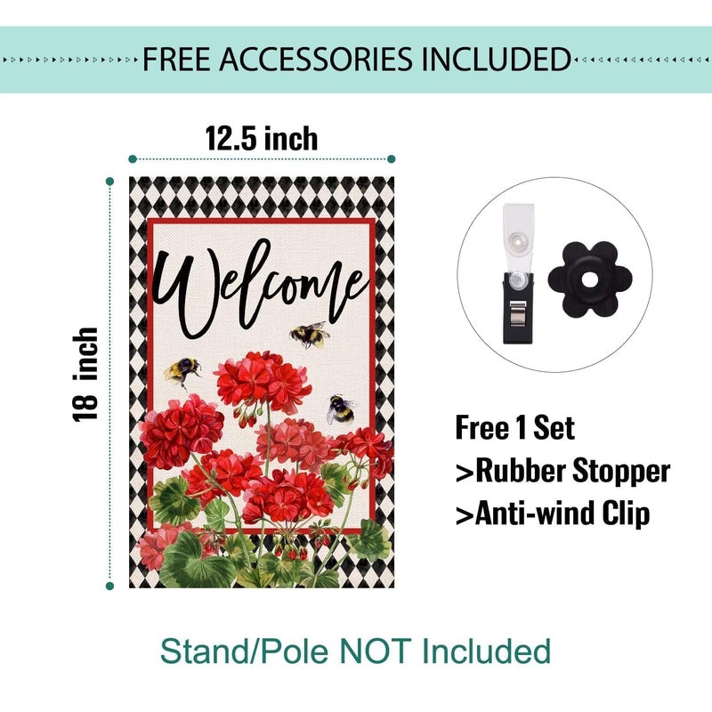 Baccessor Spring Summer Geranium Welcome Garden Flag Double Sided Summer Bee Red Floral Buffalo Plaid Small Burlap Yard Flag House Seasonal Farmhouse Outside Outdoor Decoration 12.5 x 18 Inch - Image 4