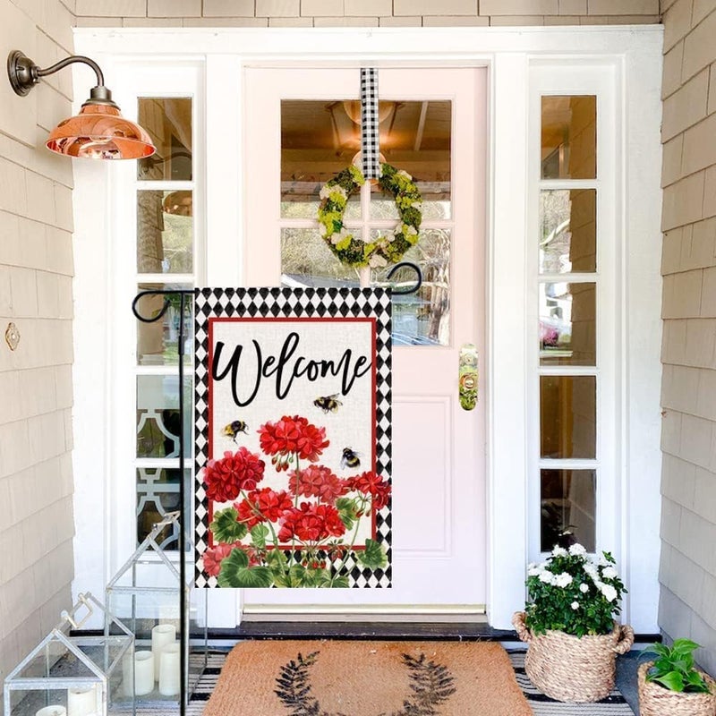Baccessor Spring Summer Geranium Welcome Garden Flag Double Sided Summer Bee Red Floral Buffalo Plaid Small Burlap Yard Flag House Seasonal Farmhouse Outside Outdoor Decoration 12.5 x 18 Inch - Image 3