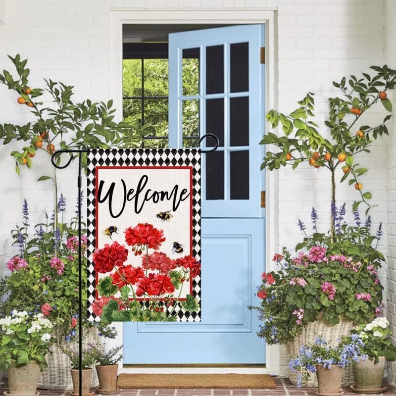 Baccessor Spring Summer Geranium Welcome Garden Flag Double Sided Summer Bee Red Floral Buffalo Plaid Small Burlap Yard Flag House Seasonal Farmhouse Outside Outdoor Decoration 12.5 x 18 Inch - Image 2