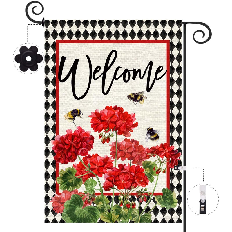 Baccessor Spring Summer Geranium Welcome Garden Flag Double Sided Summer Bee Red Floral Buffalo Plaid Small Burlap Yard Flag House Seasonal Farmhouse Outside Outdoor Decoration 12.5 x 18 Inch - Image 1