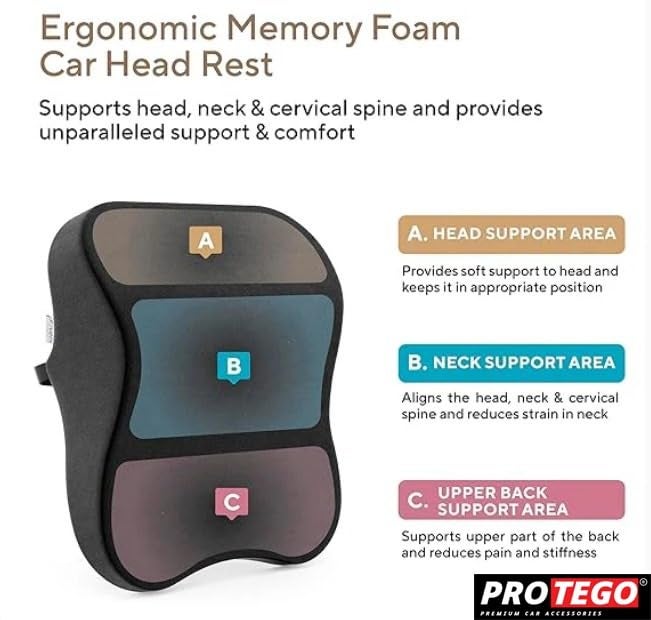 PROTEGO Universal Memory Foam Car Neck Rest Pillow with Washable Velvet Cover | Relieves Neck Pain | Ergonomic Support Orthopedic Cushion Ultra Soft| for All Hatchback SUV Sedan Cars |Black (Large) - Image 3
