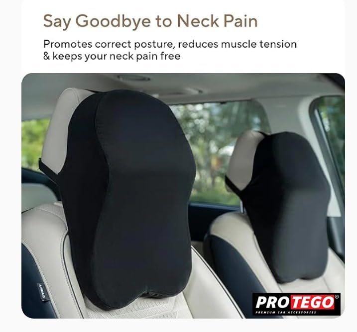 PROTEGO Universal Memory Foam Car Neck Rest Pillow with Washable Velvet Cover | Relieves Neck Pain | Ergonomic Support Orthopedic Cushion Ultra Soft| for All Hatchback SUV Sedan Cars |Black (Large) - Image 2