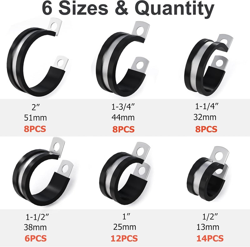 Flytuo 56PCS Large Cable Clamps Assortment Kit - 304 Stainless Steel Rubber Cushion Pipe Clamps in 6 Sizes - Image 2