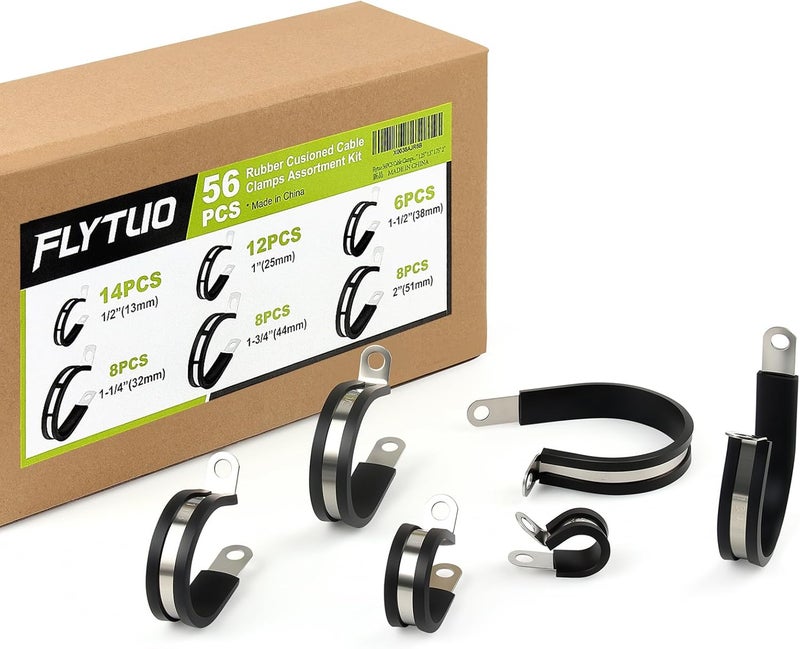 Flytuo 56PCS Large Cable Clamps Assortment Kit - 304 Stainless Steel Rubber Cushion Pipe Clamps in 6 Sizes - Image 1