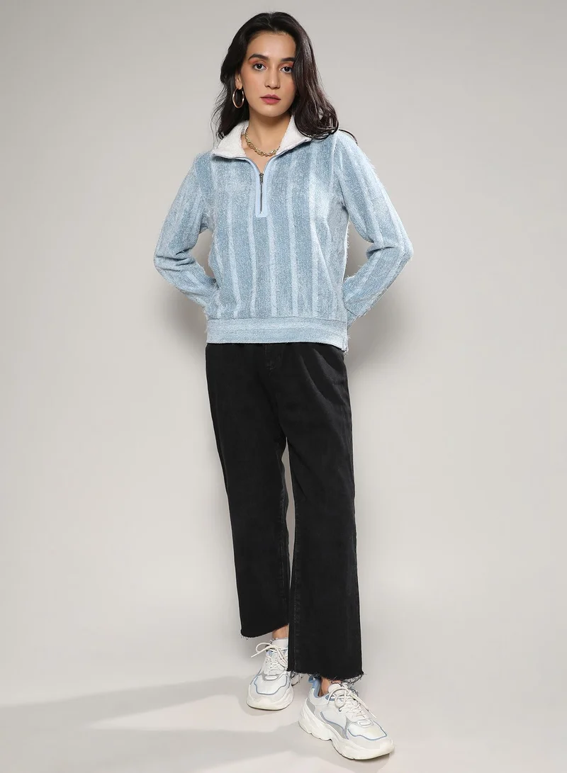 Campus Sutra Women's Iceberg Blue Textured Self-Design Striped Sweatshirt