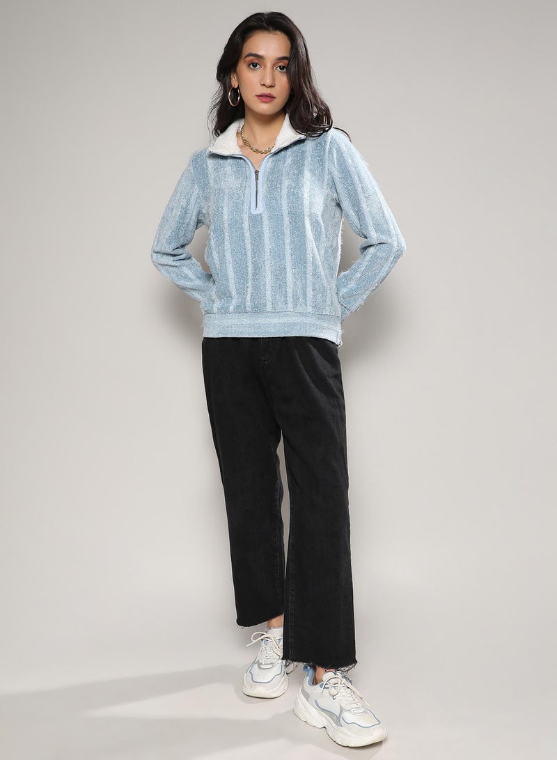 Campus Sutra Women's Iceberg Blue Textured Self-Design Striped Sweatshirt - Image 4
