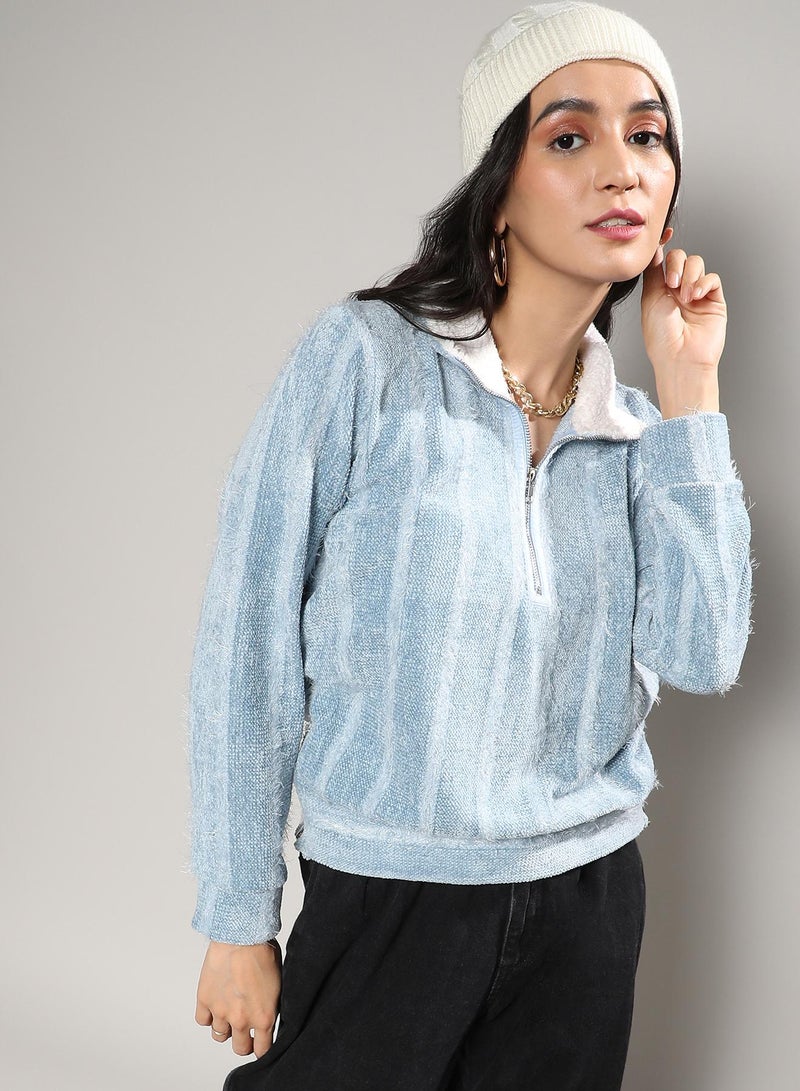 Campus Sutra Women's Iceberg Blue Textured Self-Design Striped Sweatshirt - Image 1