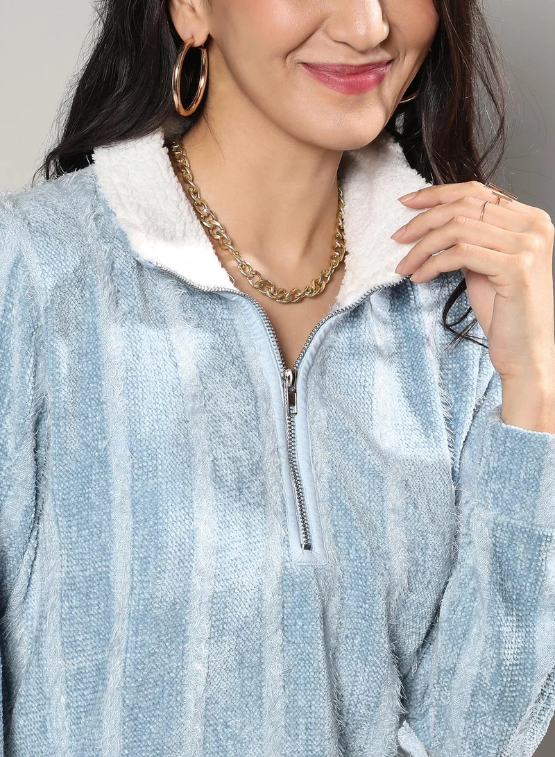 Campus Sutra Women's Iceberg Blue Textured Self-Design Striped Sweatshirt