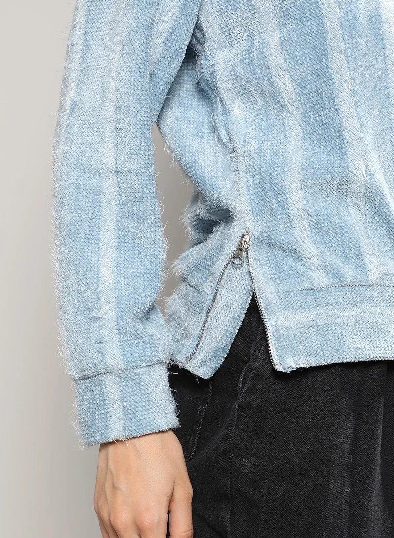 Campus Sutra Women's Iceberg Blue Textured Self-Design Striped Sweatshirt