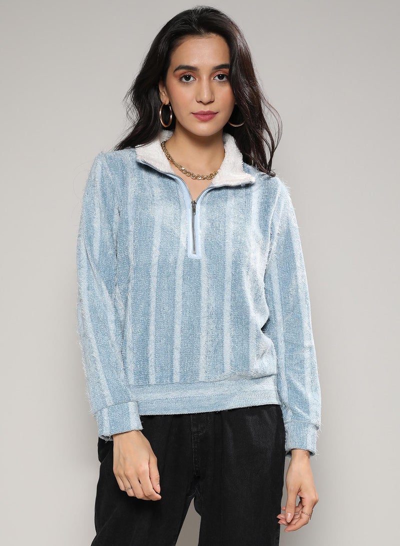 Campus Sutra Women's Iceberg Blue Textured Self-Design Striped Sweatshirt - Image 2