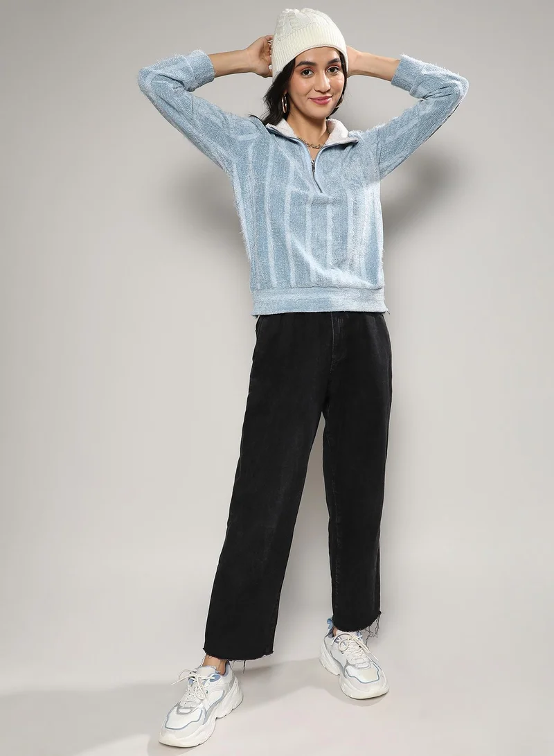 Campus Sutra Women's Iceberg Blue Textured Self-Design Striped Sweatshirt