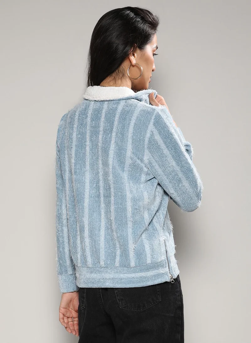 Campus Sutra Women's Iceberg Blue Textured Self-Design Striped Sweatshirt
