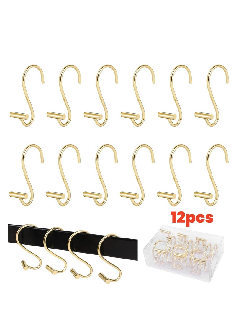 Shower Curtain Hooks, Set of 12 Metal T-Bar Shower Hook Rings, Stainless Steel Rust Proof S Shaped Hooks, for Bathroom Shower Curtain Rod,Kitchen Utensils, Clothing, Towels(Gold)  - Image 1