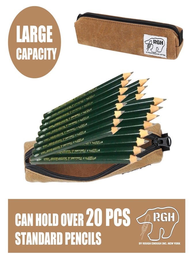 RE ROUGH ENOUGH Rough Enough Small Slim Canvas Pencil Pouch Pen Organizer for Boys Girls Adults School Office Travel with YKK Zipper Keychain Brown - Image 4