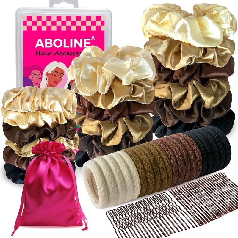 Hair Accessories Kit with 18 Stain Scrunchies for WomenSML 20 No Damage Seamless Hair ties 100 Bobby Pins Travel Organizer Box  Gift Pouch6 Neutral Colors