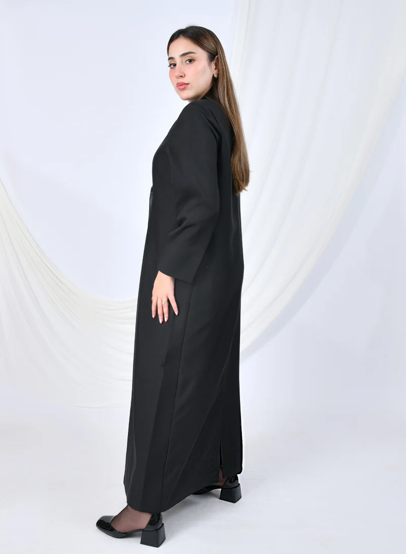 HAWRAA ABAYA Formal padded blazer with shiny collar, soft pleats, and front button.