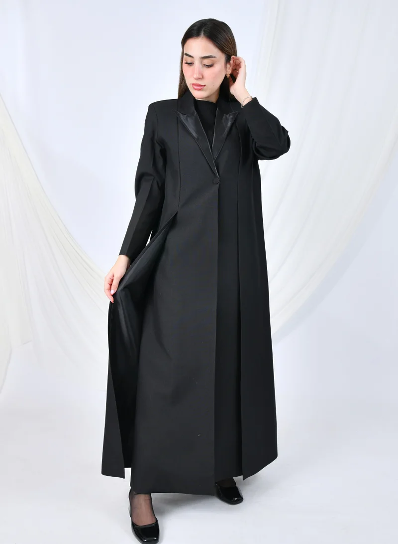 HAWRAA ABAYA Formal padded blazer with shiny collar, soft pleats, and front button.