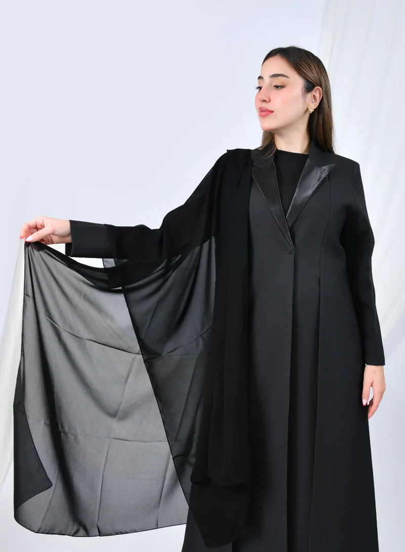 HAWRAA ABAYA Formal padded blazer with shiny collar, soft pleats, and front button.