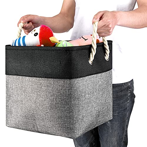 HSDT Fabric Cube Storage Bins 13x13x12.5 Inch Black and Grey Cube Storage Boxes Collapsible Large Cloth Organizer Baskets with Cotton Rops Handles for Storage Cubbies or Closet Shelf ,QY-SC27-2 - Image 2