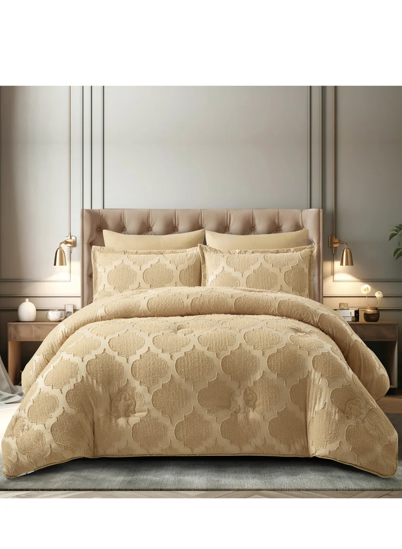 Donetella Comforter Set 4-Pcs Single Size Designer Tufted Embroidery Bed Set Fits 140 x 200 Cms (350 GSM) With Down Alternative Filling,Dark Beige