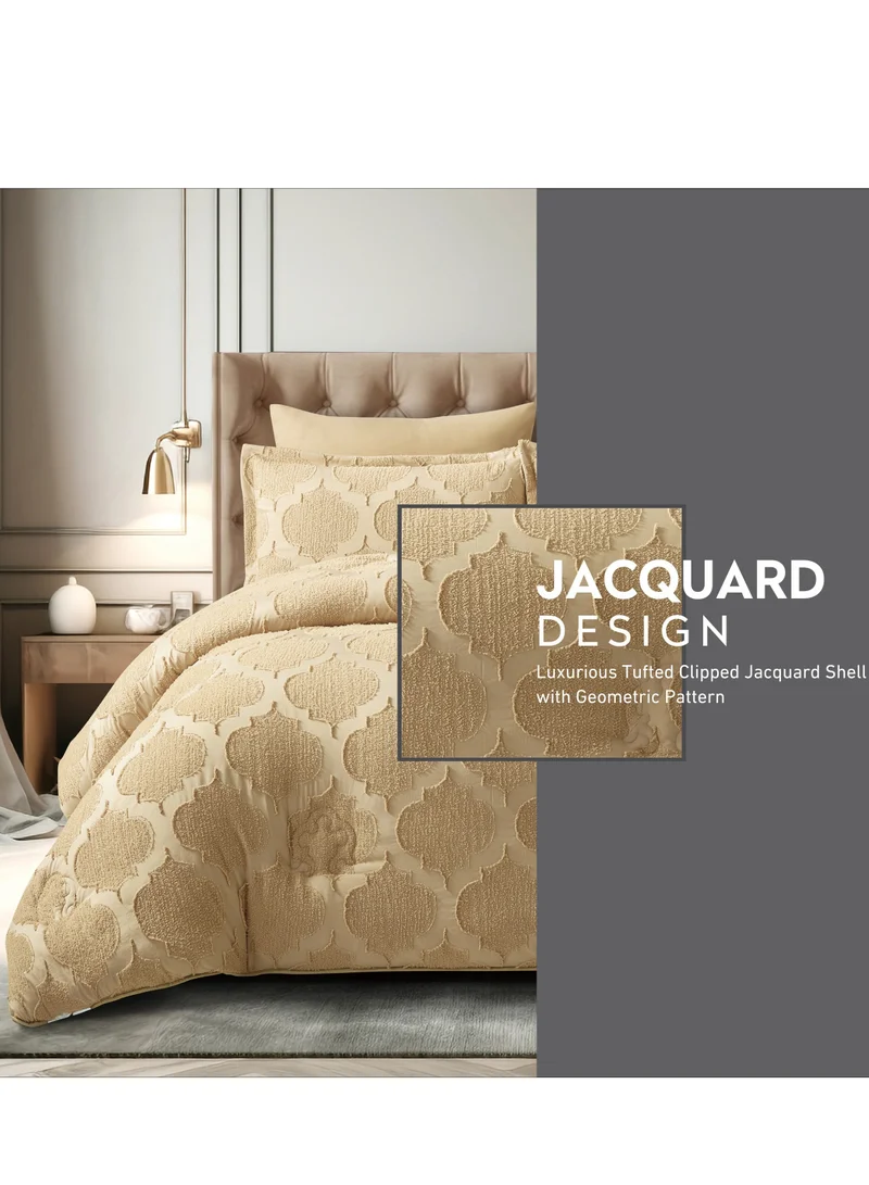 Donetella Comforter Set 4-Pcs Single Size Designer Tufted Embroidery Bed Set Fits 140 x 200 Cms (350 GSM) With Down Alternative Filling,Dark Beige