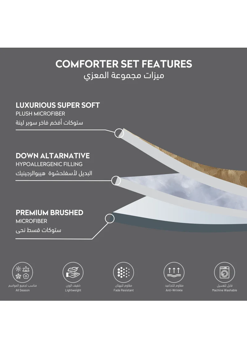 Donetella Comforter Set 4-Pcs Single Size Designer Tufted Embroidery Bed Set Fits 140 x 200 Cms (350 GSM) With Down Alternative Filling,Dark Beige