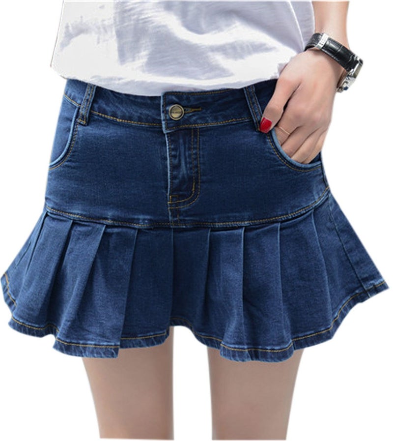 Yeokou Women's Casual Slim A-line Pleated Ruffle Short Mini Denim Skirts (X-Large, Blue) - Image 1
