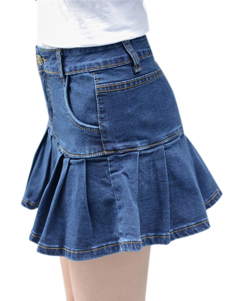 Yeokou Women's Casual Slim A-line Pleated Ruffle Short Mini Denim Skirts (X-Large, Blue) - Image 3