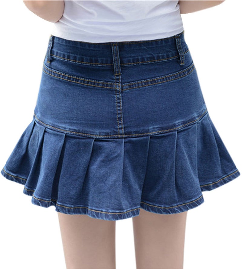 Yeokou Women's Casual Slim A-line Pleated Ruffle Short Mini Denim Skirts (X-Large, Blue) - Image 2