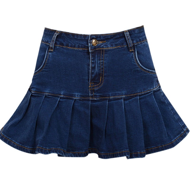 Yeokou Women's Casual Slim A-line Pleated Ruffle Short Mini Denim Skirts (X-Large, Blue) - Image 4