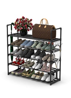COOLBABY 5 Tiers Metal Shoe Rack Adjustable Shoe Shelf Storage Organizer with Versatile Hooks Stackable Boot & Shoe Storage for Entryway Hallway Living Room Closet Black