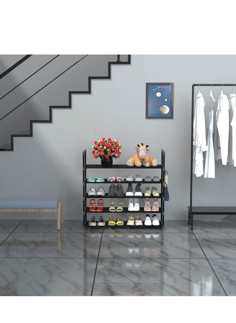 Cool Baby - COOLBABY 5 Tiers Metal Shoe Rack Adjustable Shoe Shelf Storage Organizer with Versatile Hooks Stackable Boot & Shoe Storage for Entryway Hallway Living Room Closet Black - Image 1