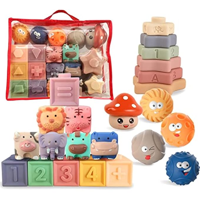 AM ANNA 23pcs Baby Toys 6-12 Months, Montessori Toys for 1 Year Old, Stacking Building Blocks for Toddlers 1-3, Soft Baby Toy for Infant 0-6 Months, Sensory Ball for 0-3-6-9-12 Months - Image 1