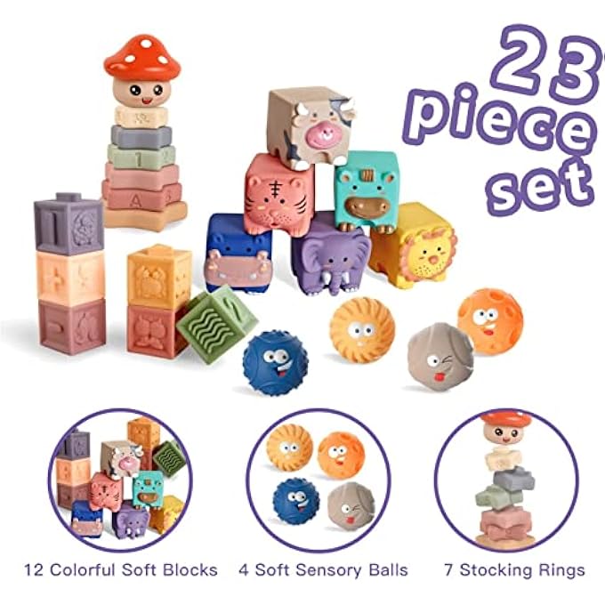 AM ANNA 23pcs Baby Toys 6-12 Months, Montessori Toys for 1 Year Old, Stacking Building Blocks for Toddlers 1-3, Soft Baby Toy for Infant 0-6 Months, Sensory Ball for 0-3-6-9-12 Months - Image 5