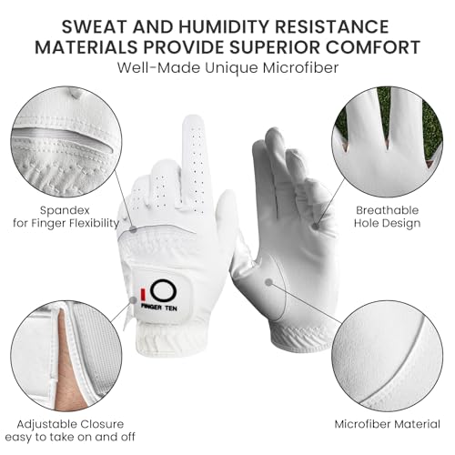 FINGER TEN All Weather Grip Golf Gloves Men Value 3 Pack for Right Handed Golfer, Comfort Soft Glove for Premium Performance, Colors White Black Blue Sizes S M L XL (White, Small, Left) - Image 3