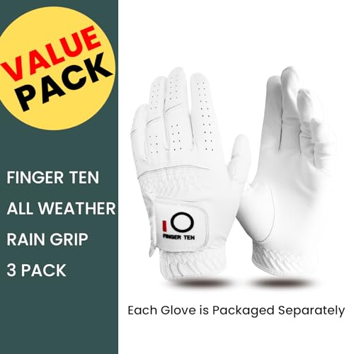 FINGER TEN All Weather Grip Golf Gloves Men Value 3 Pack for Right Handed Golfer, Comfort Soft Glove for Premium Performance, Colors White Black Blue Sizes S M L XL (White, Small, Left) - Image 2