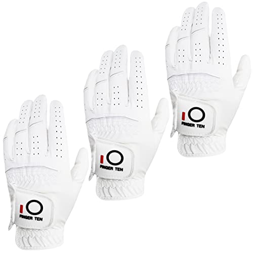 FINGER TEN All Weather Grip Golf Gloves Men Value 3 Pack for Right Handed Golfer, Comfort Soft Glove for Premium Performance, Colors White Black Blue Sizes S M L XL (White, Small, Left) - Image 1