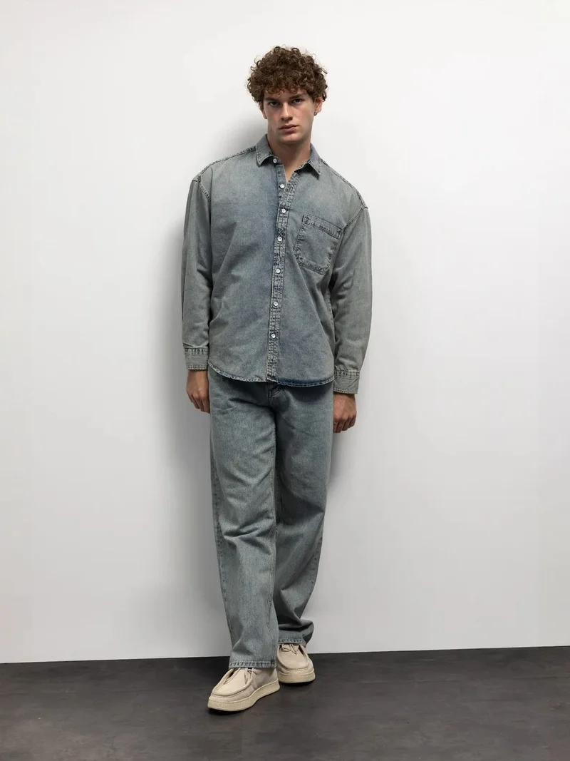 Giesto Maya Blue GIESTO Regular Fit Denim Buttoned Shirt with Pocket for Men | Best Price UAE