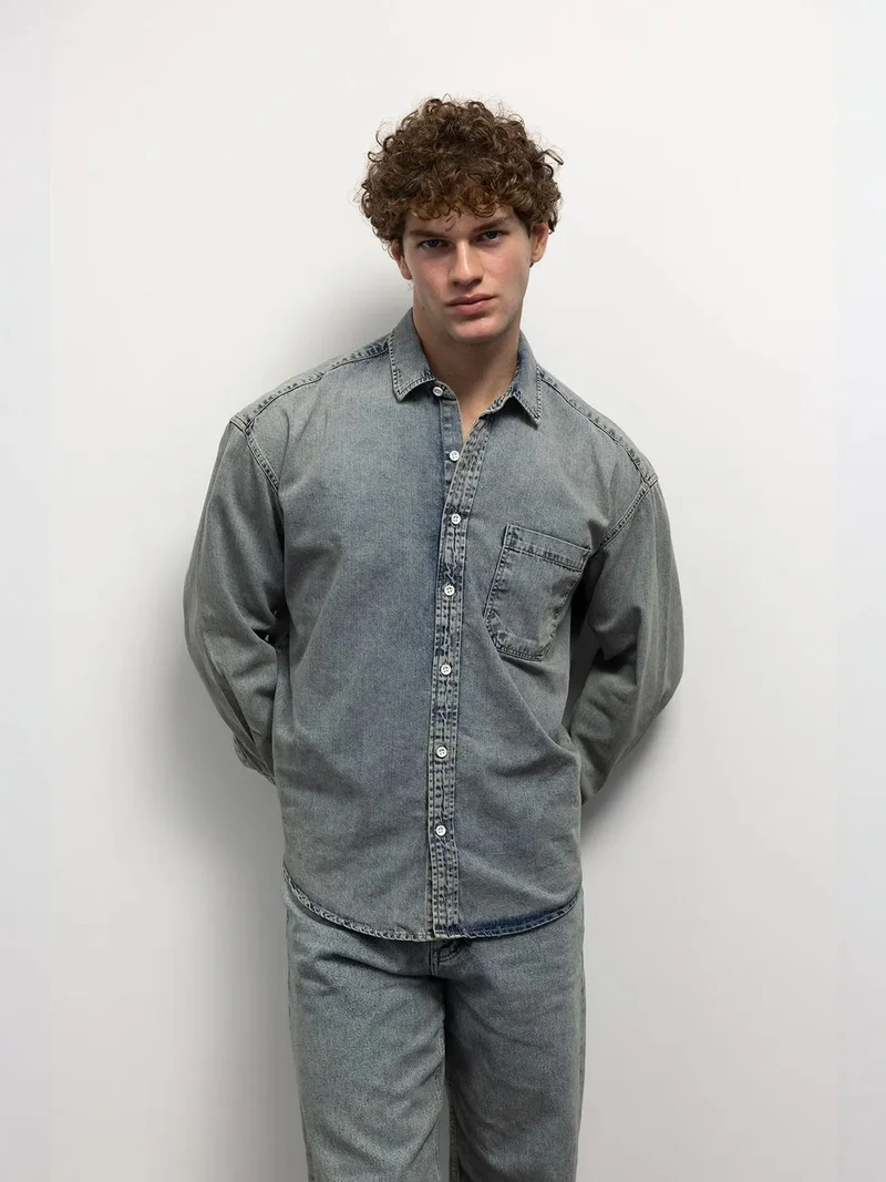 Giesto Maya Blue GIESTO Regular Fit Denim Buttoned Shirt with Pocket for Men | Best Price UAE