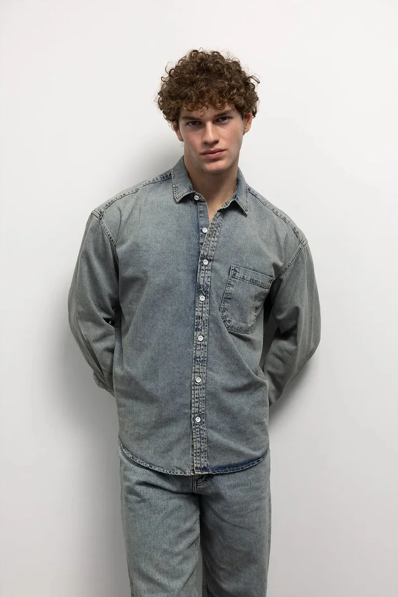 Giesto Maya Blue GIESTO Regular Fit Denim Buttoned Shirt with Pocket for Men | Best Price UAE