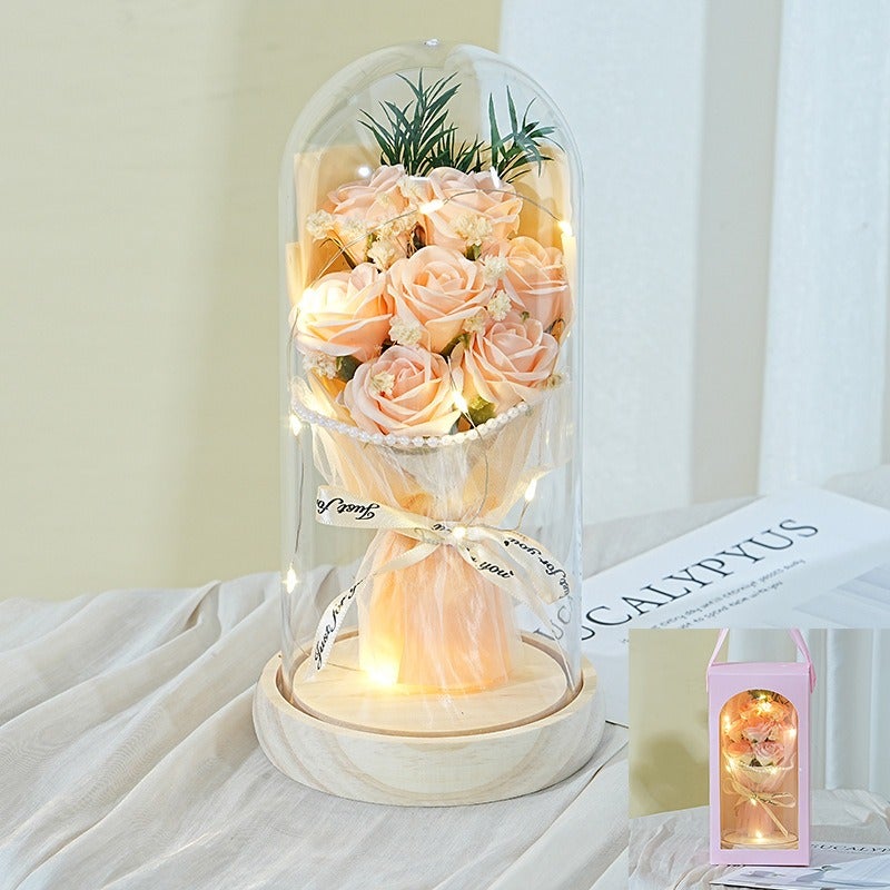 Preserved Rose Flower Gift Box with Wooden Base - 7 Roses Bouquet for Teacher's Day, Birthday & Special Occasions