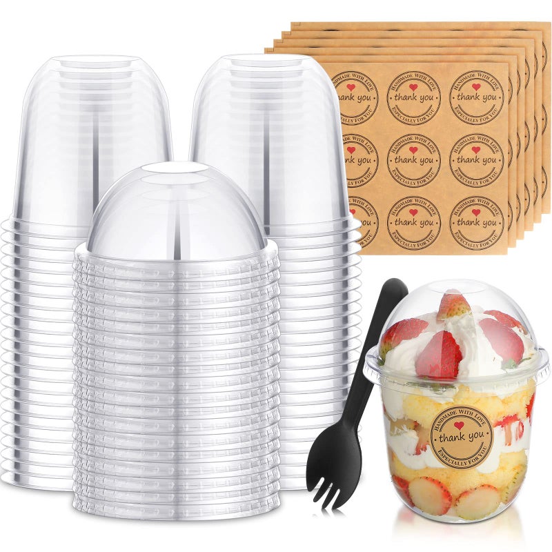 50 Pack Dessert Cups with Dome Lids Disposable Plastic Cups with Lids Clear Pet No Hole Sporks and Stickers for Plastic Fruit Cake and Mini Snack Bowls12 ozSimple Cup
