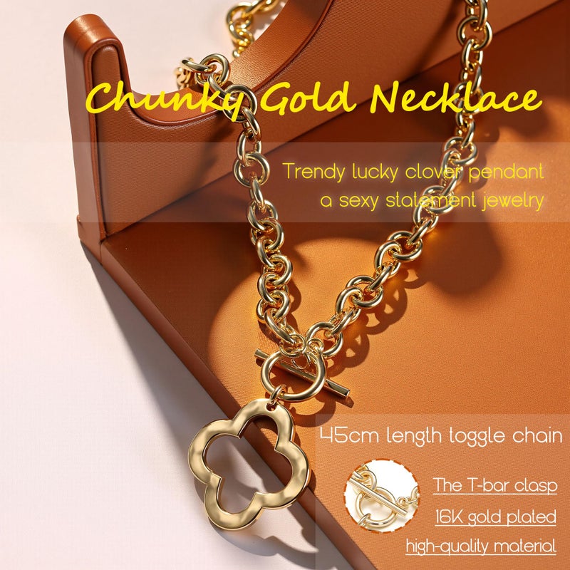 Krfy Chunky 16K Gold Plated Necklace for Women, Hammered Clover Necklace for Women Non Tarnish, Necklace Pendant, Dainty Toggle Necklaces Paperclip Chains Jewelry 45cm - Image 2