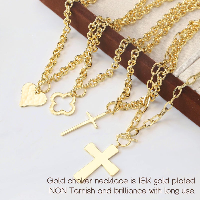 Krfy Chunky 16K Gold Plated Necklace for Women, Hammered Clover Necklace for Women Non Tarnish, Necklace Pendant, Dainty Toggle Necklaces Paperclip Chains Jewelry 45cm - Image 5