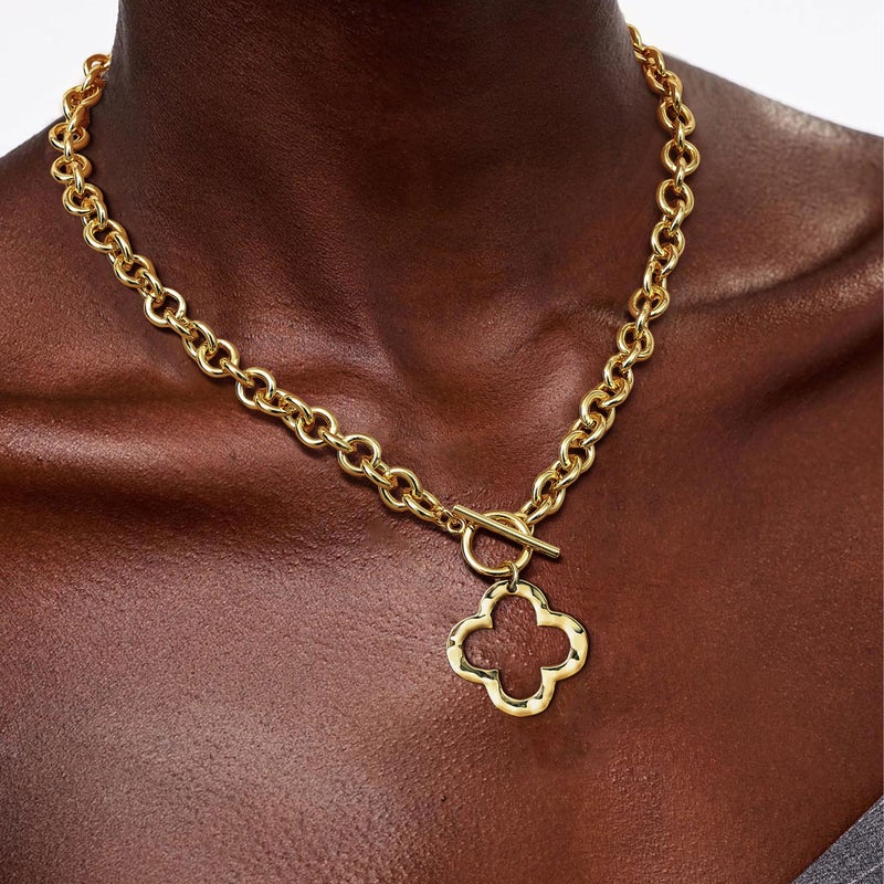 Krfy Chunky 16K Gold Plated Necklace for Women, Hammered Clover Necklace for Women Non Tarnish, Necklace Pendant, Dainty Toggle Necklaces Paperclip Chains Jewelry 45cm - Image 4