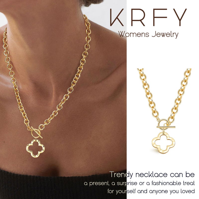 Krfy Chunky 16K Gold Plated Necklace for Women, Hammered Clover Necklace for Women Non Tarnish, Necklace Pendant, Dainty Toggle Necklaces Paperclip Chains Jewelry 45cm - Image 3