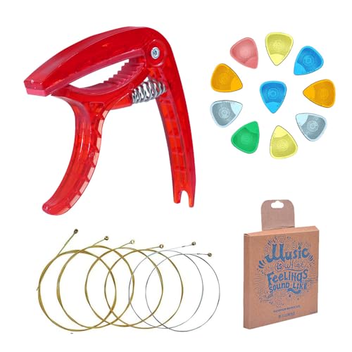 Kadence CAPO-SCP Guitar Capo | Comes With Phosphor Bronze Strings & 10 Picks | Fits Acoustic, Electric & Ukulele | Red - Image 1