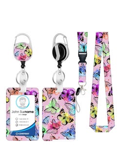 Y&D ID Badge Holder with Lanyard and Retractable Reel Clip, Card Name Tag Vertical Protector Bage Clips for Nurse Nursing Doctor Teacher Student (Pink Butterfly)  - Image 1