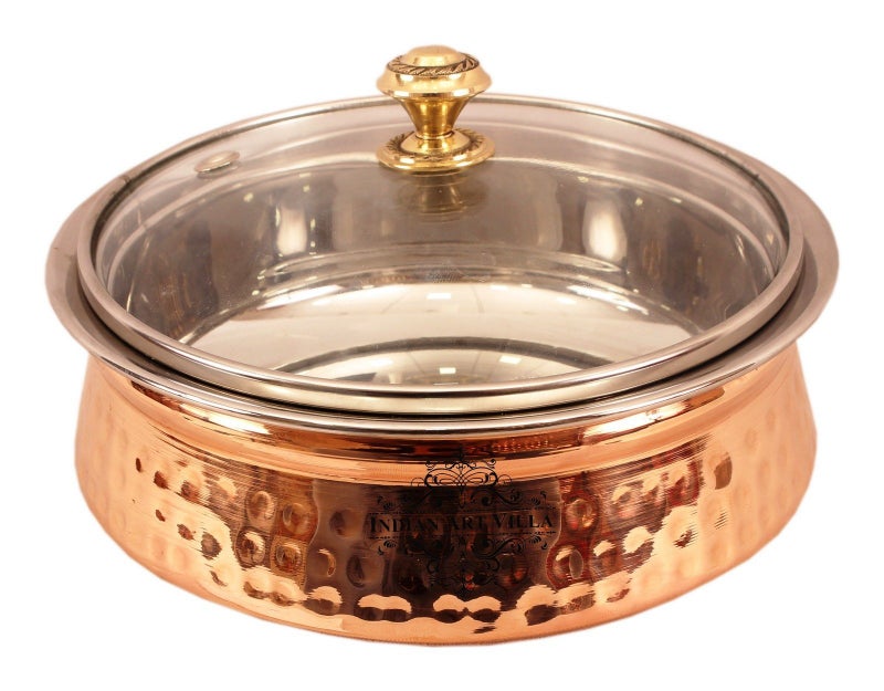 INDIAN ART VILLA Steel Copper Serving Handi with Glass Lid, Serving Dishes Chicken Briyani Vegetables Home Hotel Restaurant Tableware, Volume - 800 ML (Pack of 1) - Image 1